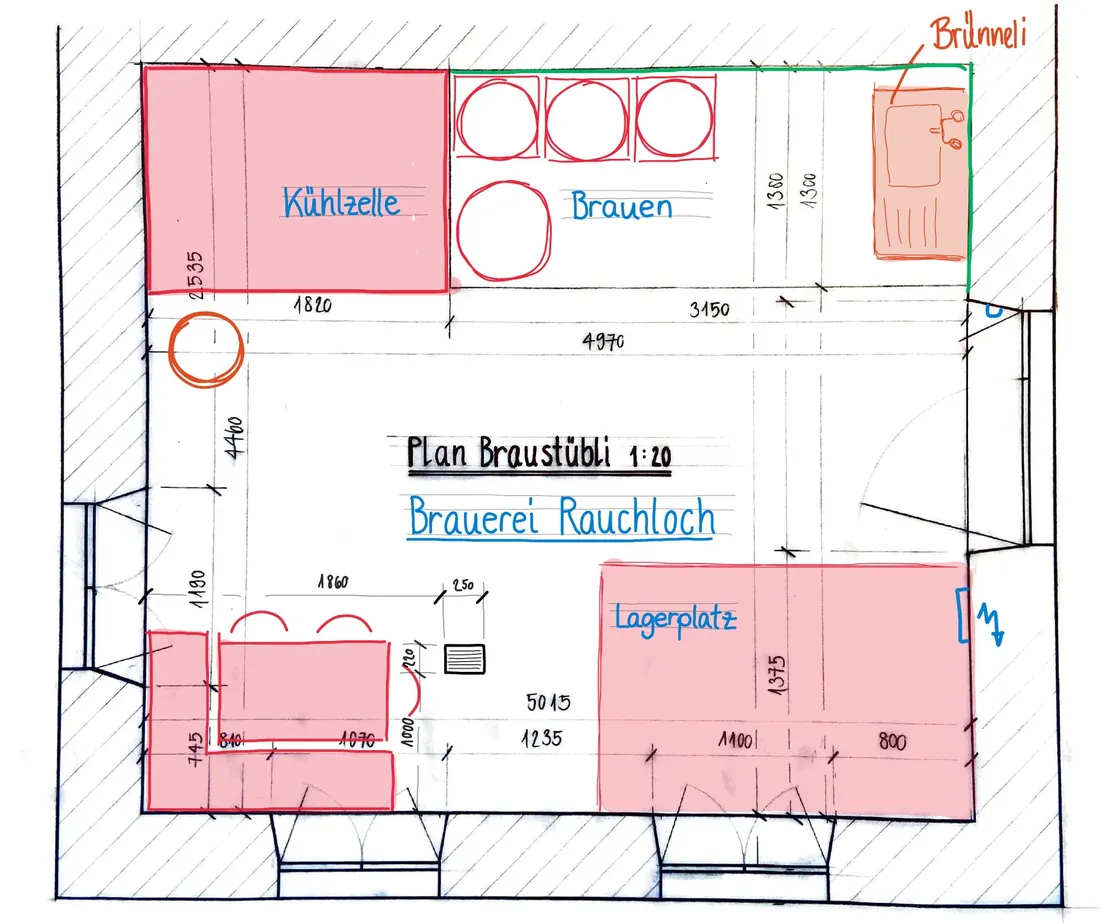 Handgezeichneter Plan des Braustübli im Massstab 1:20